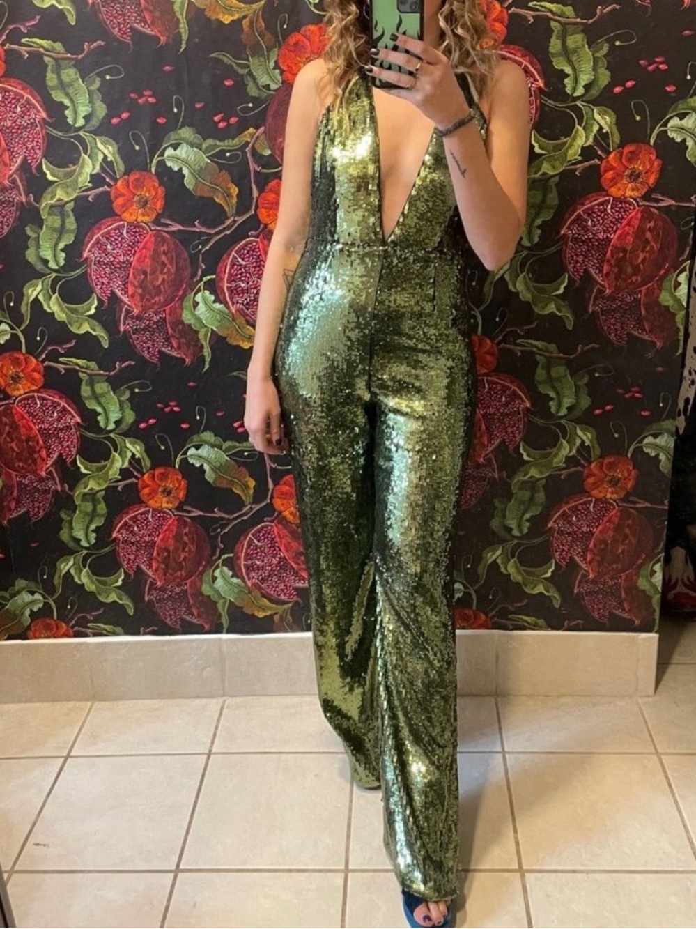 Camila Coelho Callie Jumpsuit Olive Green Sequin Wide Leg Size XS